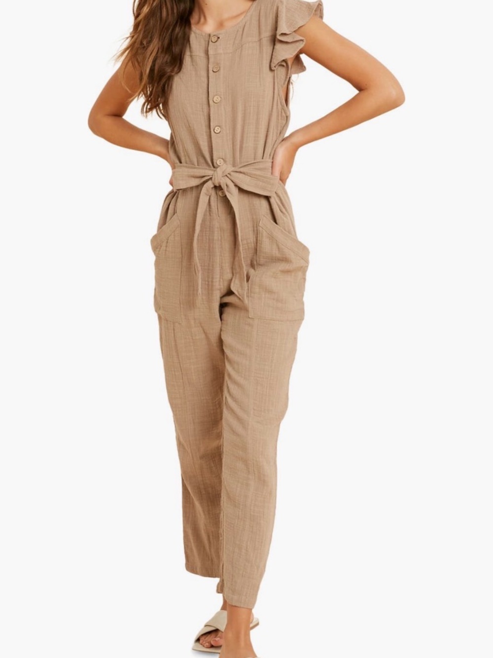 Wishlist Taupe Tie-Waist Ruffle Sleeve Jumpsuit